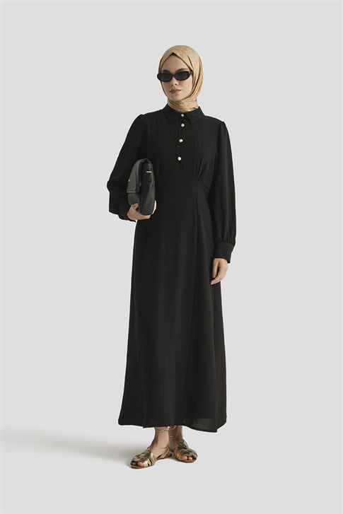 Düğme Detaylı Elbise Siyah
