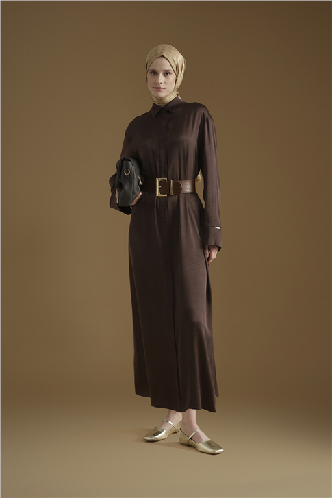 Kuşaklı Lyocell Gömlek Elbise Kahverengi