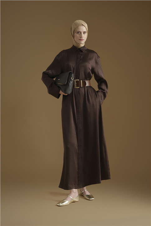 Kuşaklı Lyocell Gömlek Elbise Kahverengi