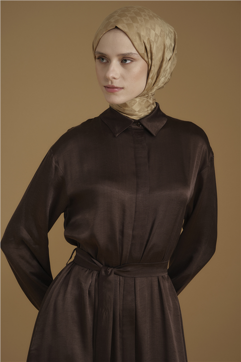 Kuşaklı Lyocell Gömlek Elbise Kahverengi