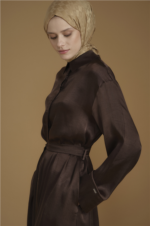 Kuşaklı Lyocell Gömlek Elbise Kahverengi