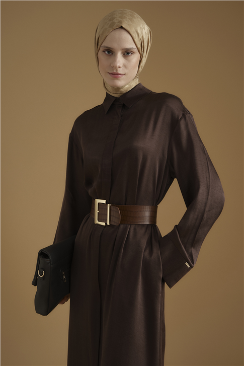 Kuşaklı Lyocell Gömlek Elbise Kahverengi