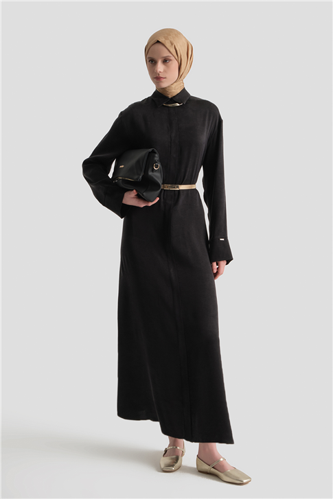 Kuşaklı Lyocell Gömlek Elbise Siyah
