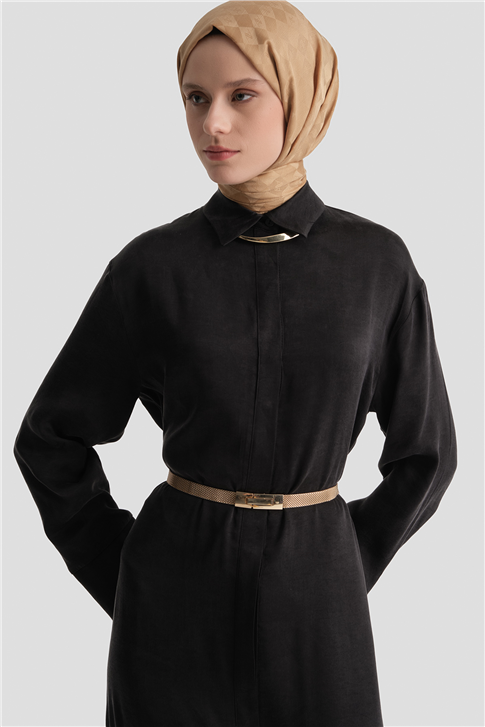 Kuşaklı Lyocell Gömlek Elbise Siyah