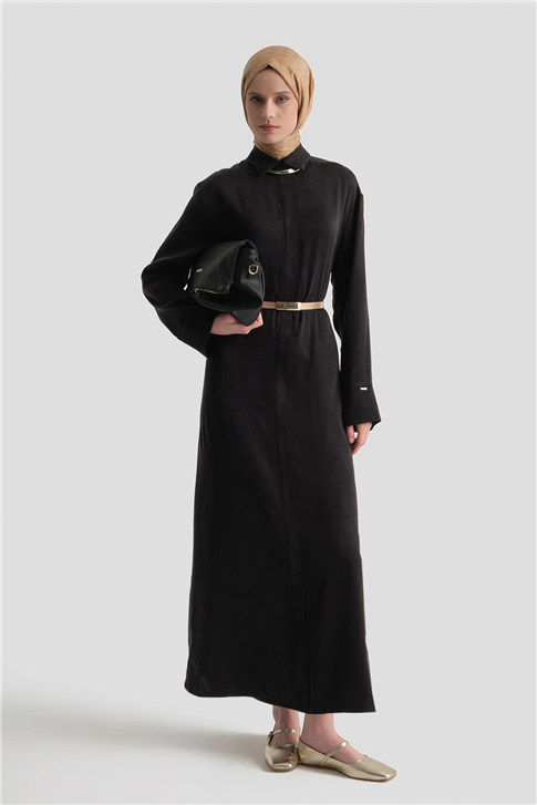 Kuşaklı Lyocell Gömlek Elbise Siyah