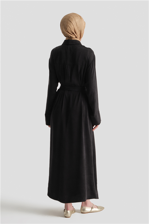 Kuşaklı Lyocell Gömlek Elbise Siyah