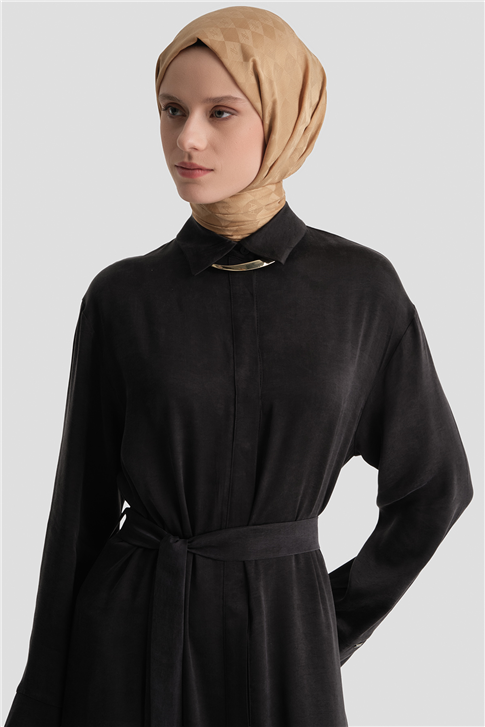Kuşaklı Lyocell Gömlek Elbise Siyah