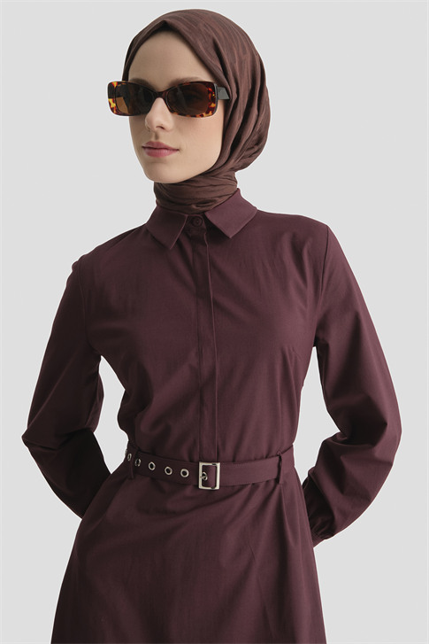 Kemer Detaylı Pamuk Elbise Mürdüm