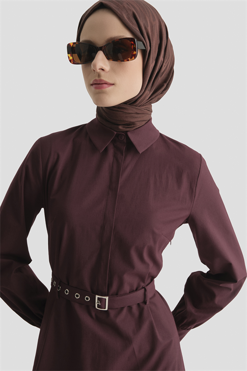 Kemer Detaylı Pamuk Elbise Mürdüm