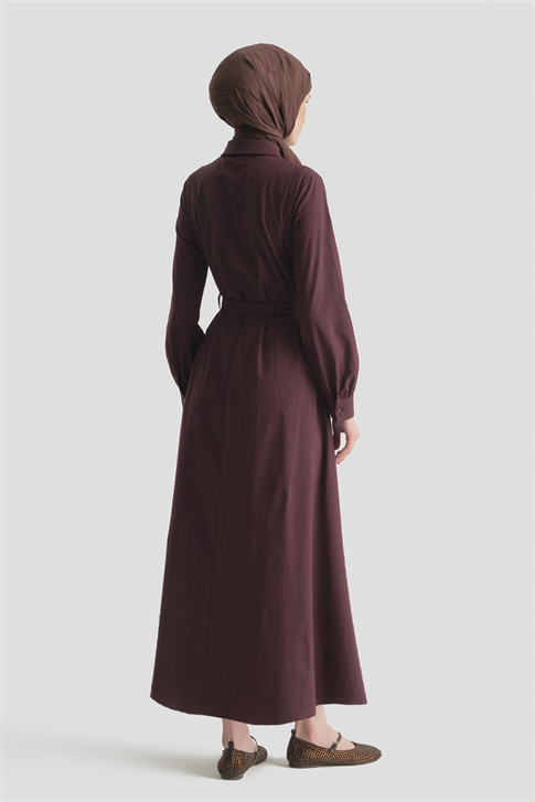 Kemer Detaylı Pamuk Elbise Mürdüm