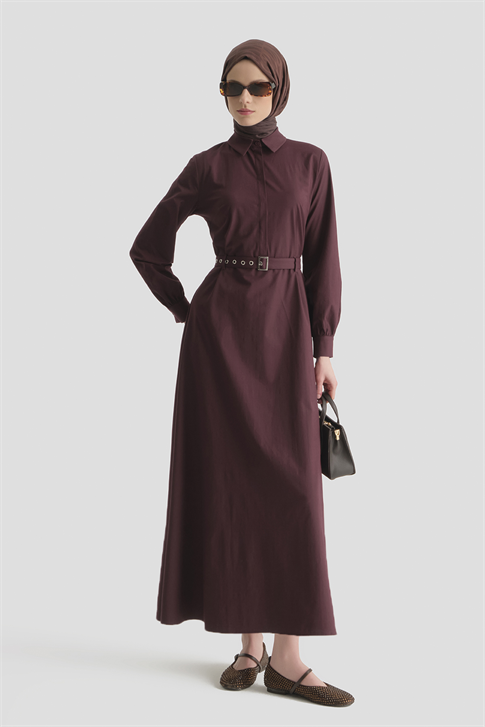 Kemer Detaylı Pamuk Elbise Mürdüm