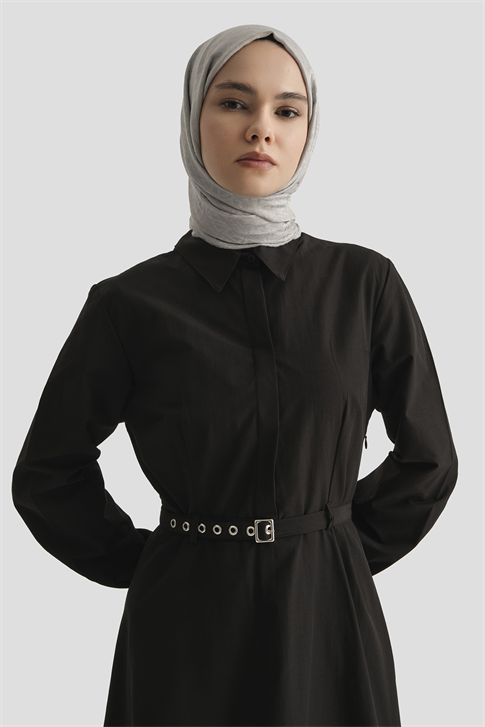 Kemer Detaylı Pamuk Elbise Siyah