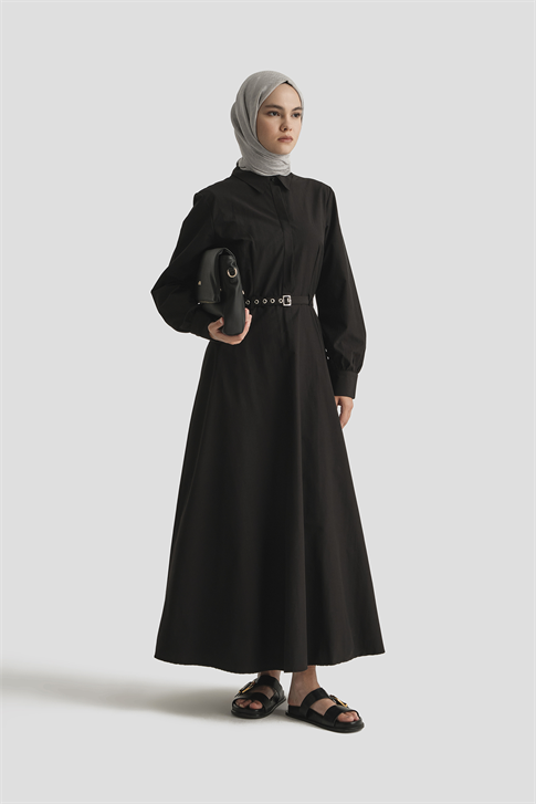 Kemer Detaylı Pamuk Elbise Siyah