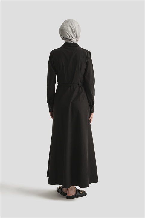 Kemer Detaylı Pamuk Elbise Siyah