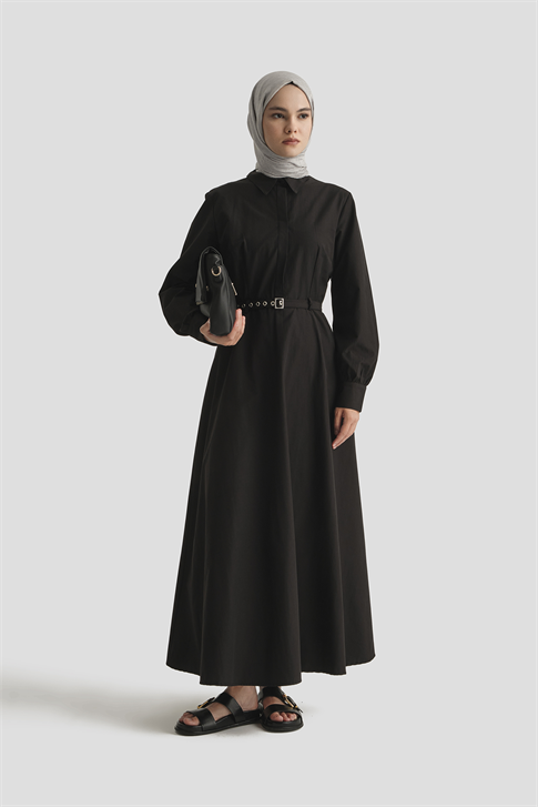 Kemer Detaylı Pamuk Elbise Siyah