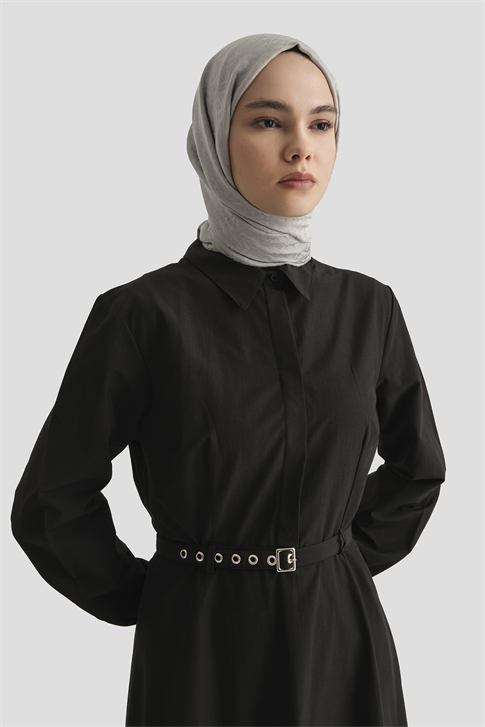 Kemer Detaylı Pamuk Elbise Siyah