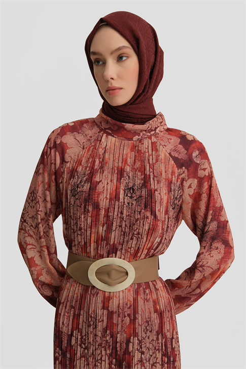 Desenli Elbise Bordo