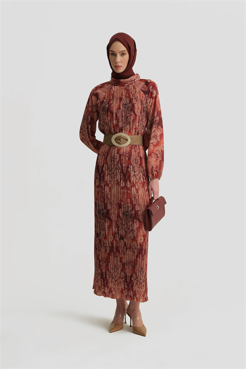 Desenli Elbise Bordo