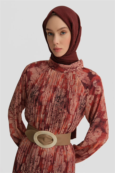 Desenli Elbise Bordo