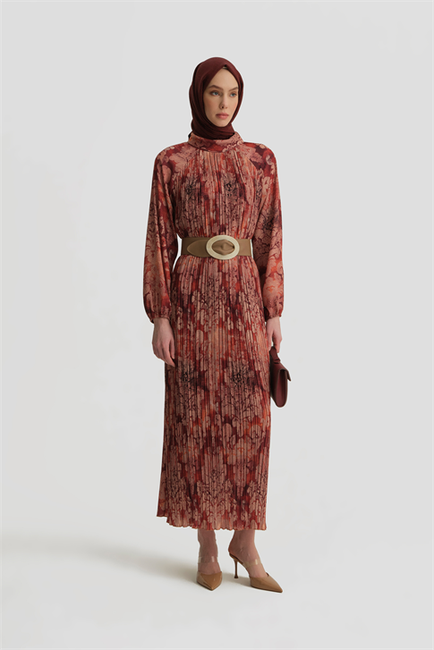 Desenli Elbise Bordo