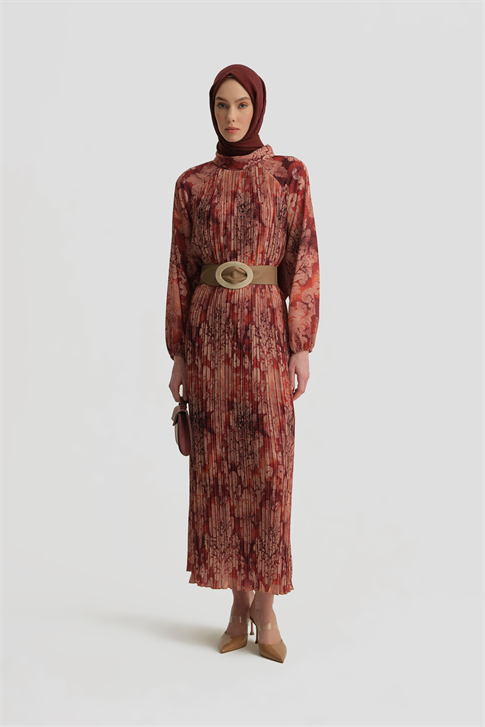 Desenli Elbise Bordo