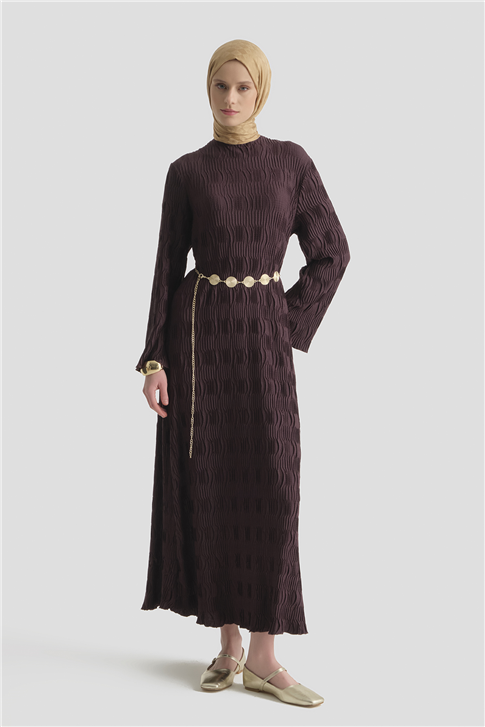 Jakarlı Örme Elbise Mürdüm