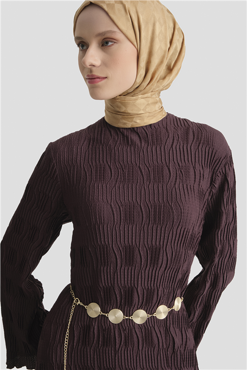 Jakarlı Örme Elbise Mürdüm