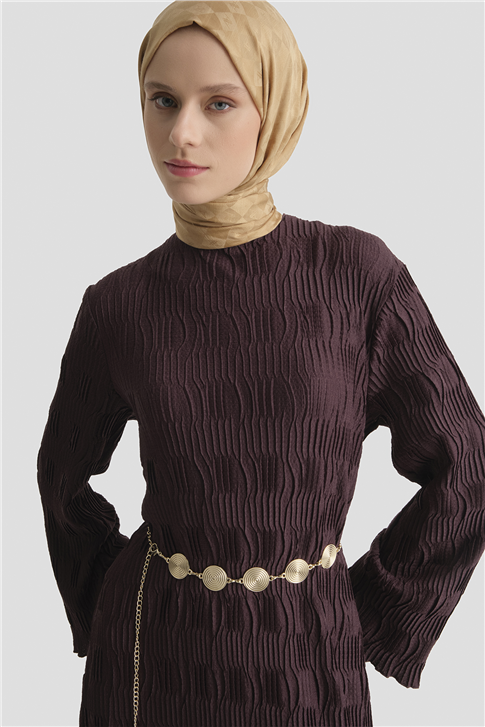 Jakarlı Örme Elbise Mürdüm