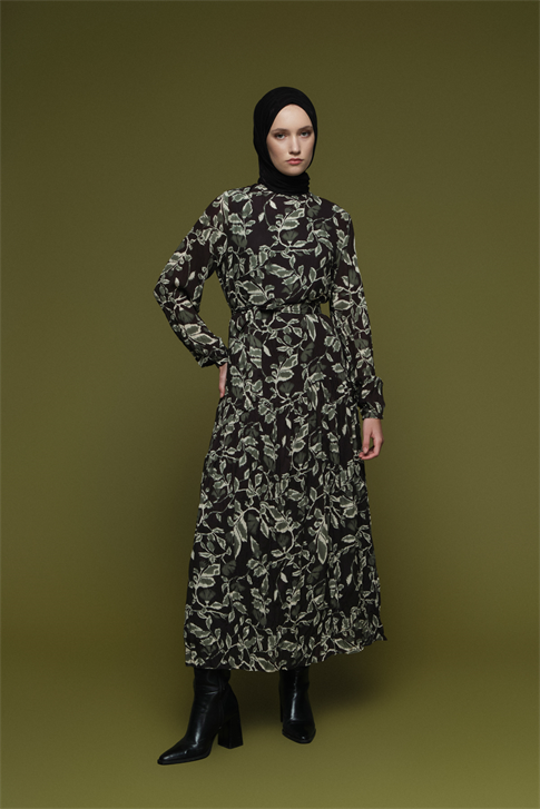 Çiçek Desenli Kırışık Görünümlü Elbise Yeşil