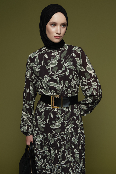 Çiçek Desenli Kırışık Görünümlü Elbise Yeşil