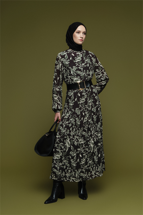 Çiçek Desenli Kırışık Görünümlü Elbise Yeşil