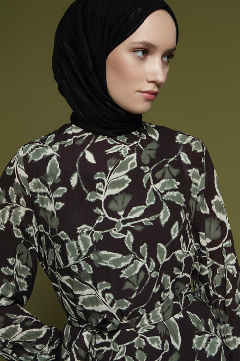 Çiçek Desenli Kırışık Görünümlü Elbise Yeşil