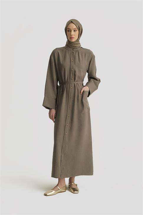 Modal Bağlama Detaylı Elbise Haki