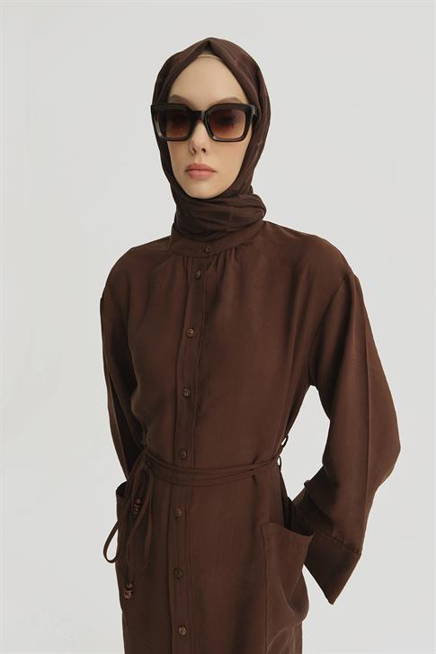 Modal Bağlama Detaylı Elbise Kahverengi