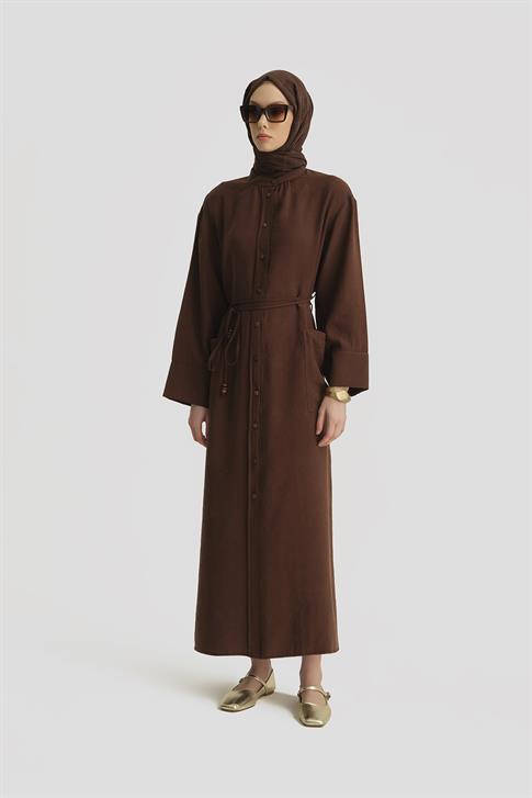 Modal Bağlama Detaylı Elbise Kahverengi