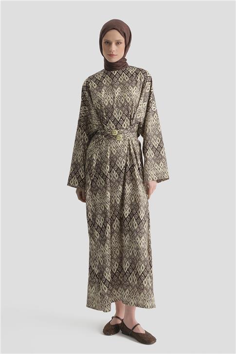 Toka Detaylı Desenli Elbise Kahve
