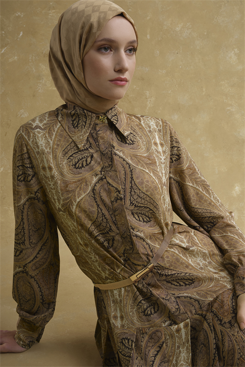 Şal Desenli Elbise Camel