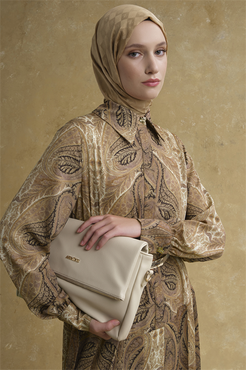 Şal Desenli Elbise Camel
