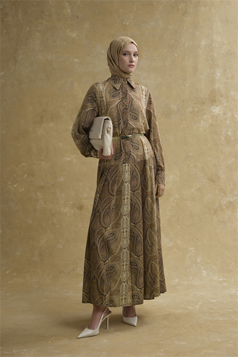 Şal Desenli Elbise Camel