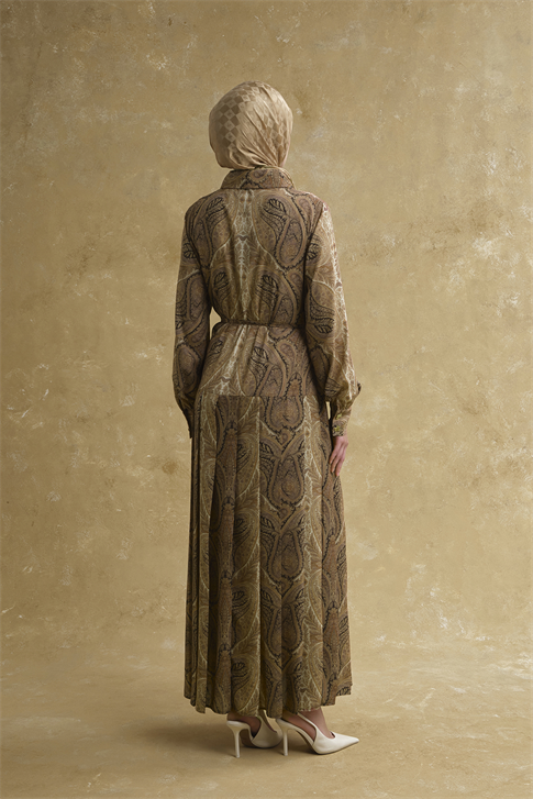 Şal Desenli Elbise Camel