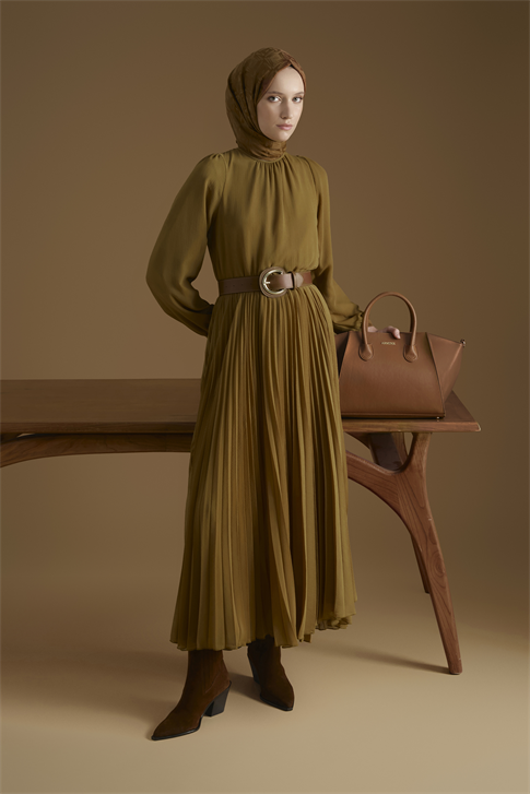 Piliseli Şifon Elbise Yağ Yeşili