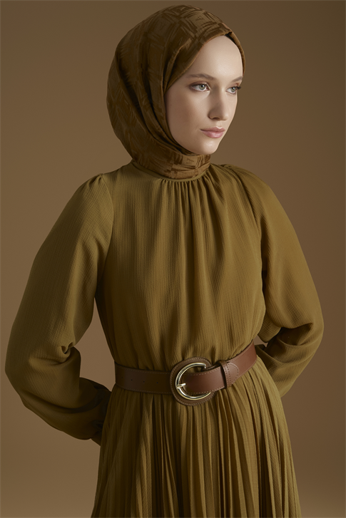 Piliseli Şifon Elbise Yağ Yeşili