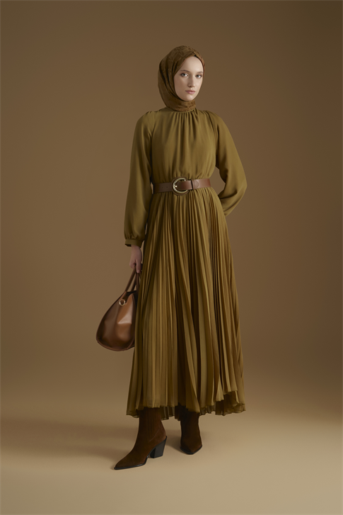 Piliseli Şifon Elbise Yağ Yeşili