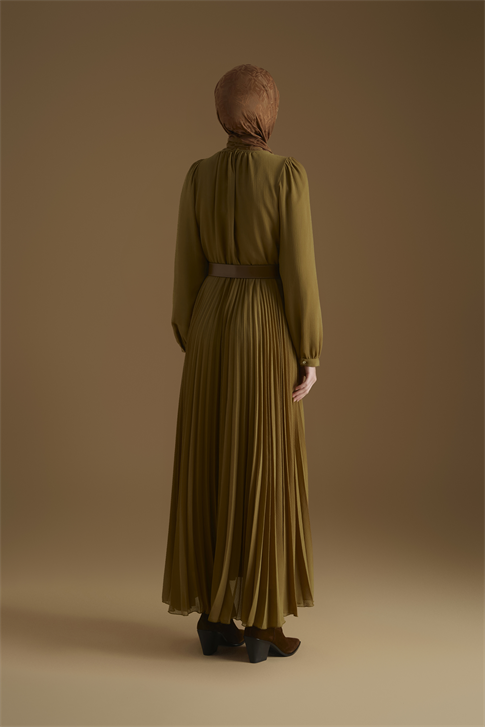 Piliseli Şifon Elbise Yağ Yeşili