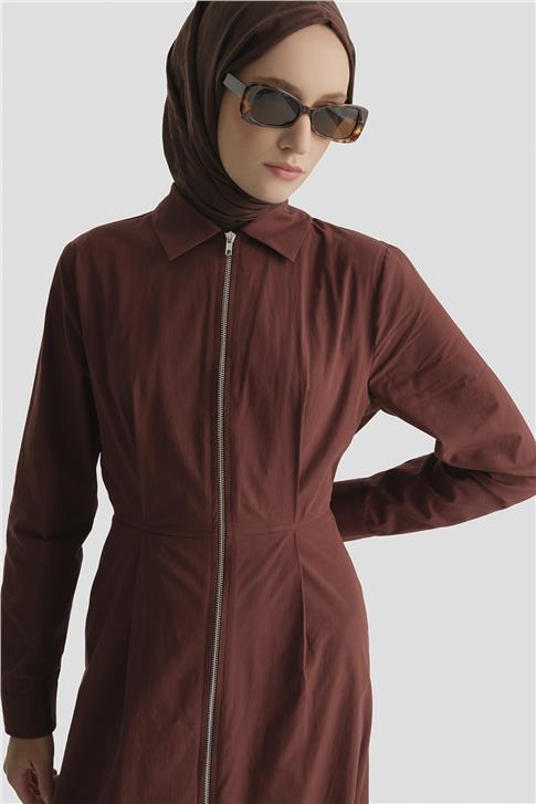 Fermuar Detaylı Fitted Elbise Kahverengi