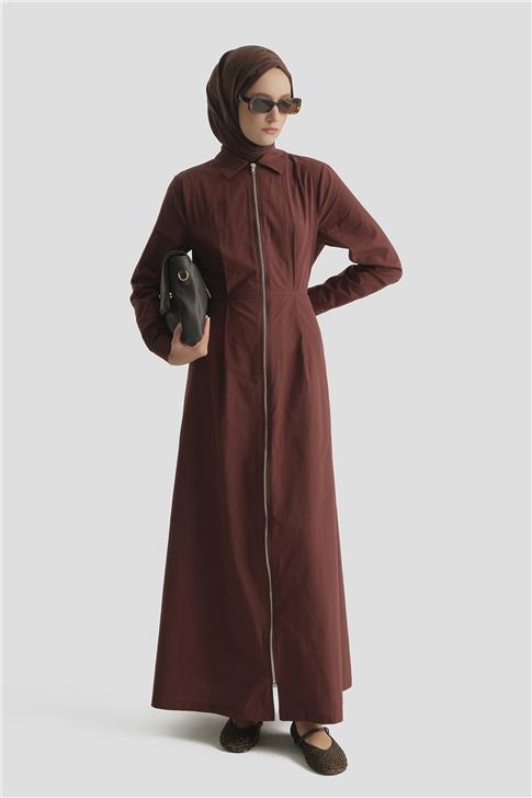 Fermuar Detaylı Fitted Elbise Kahverengi