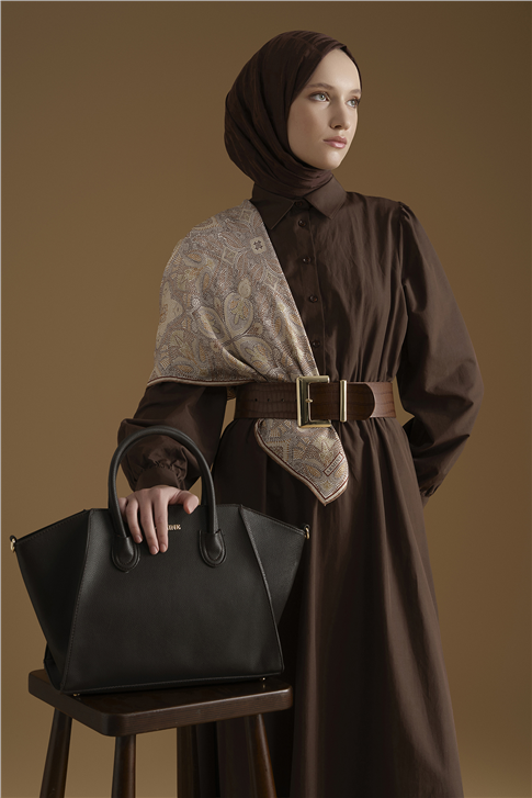 Beli Lastikli Poplin Elbise Kahverengi