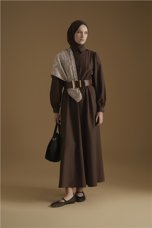 Beli Lastikli Poplin Elbise Kahverengi