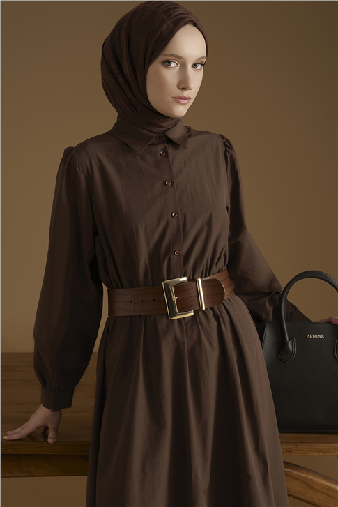 Beli Lastikli Poplin Elbise Kahverengi