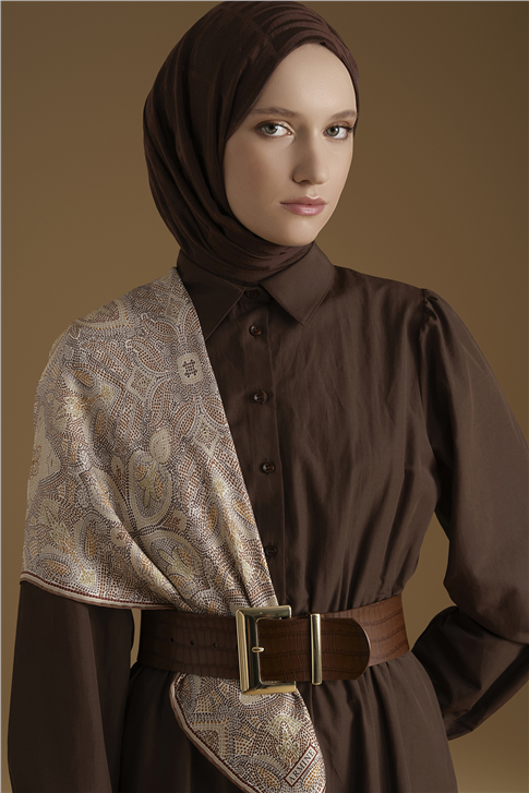 Beli Lastikli Poplin Elbise Kahverengi